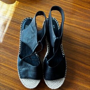 Eileen Fisher Black Leather Espadrille Wedge Heel Size 9